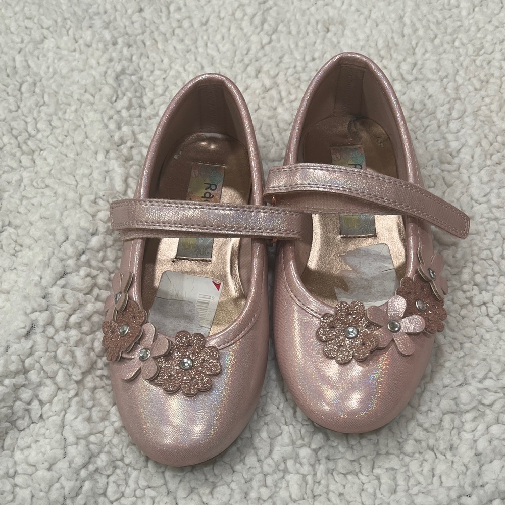 Girls Sparkle Pink Mary Jane Shoes with Floral Accents